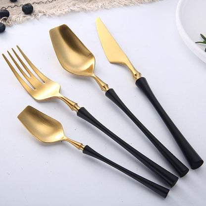Conjunto de Talheres 24 Peças Aço Inox Fosco Preto Dourado Jogo de Talheres de Mesa Faca Colher Garfo Lavável em Lava-louças