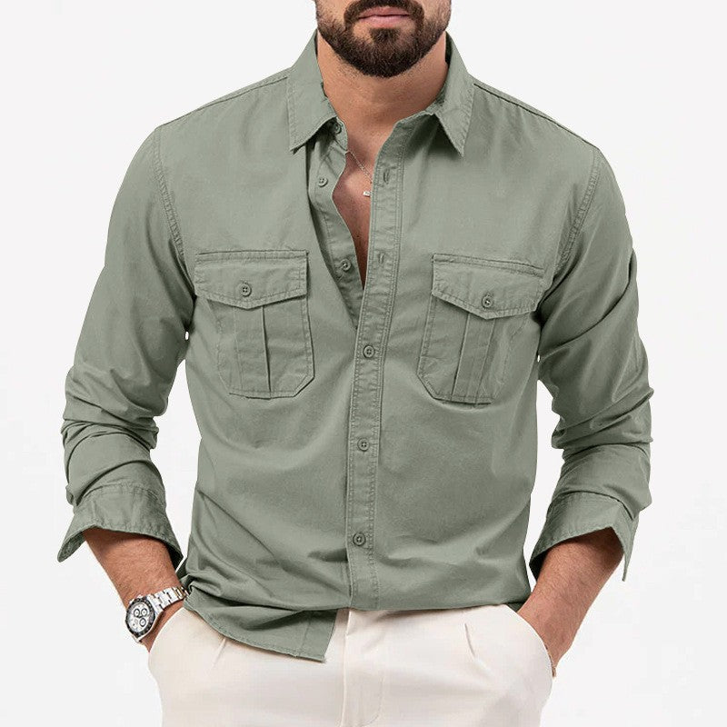 Safari Cotton Shirts Mens Outdoor Work Travel Button Down Tops Casual Long Sleeve Hiking Camping Utility Shirt With Flap Pocket
