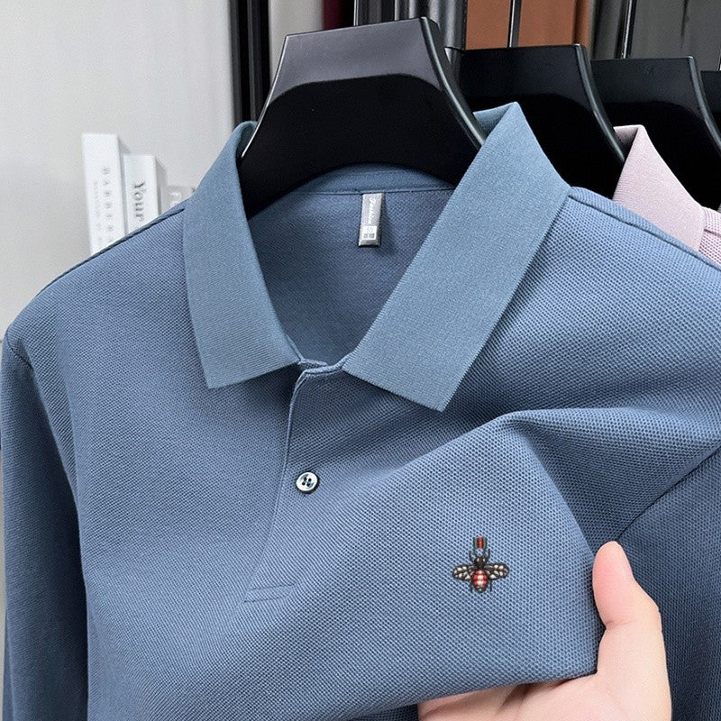 100% pure cotton spring and autumn fashionable men's collar striped long sleeved polo shirt brand embossed casual T-shirt