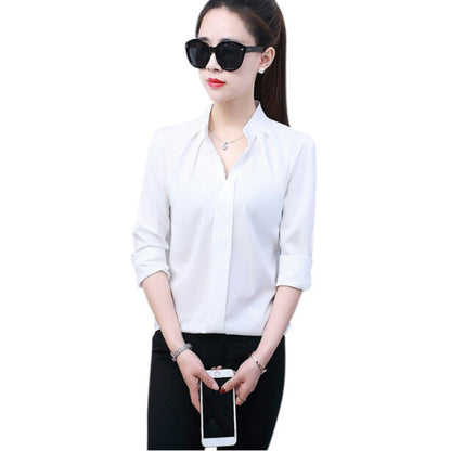 Autumn Spring Fashion Sexy V-Neck Shirt Women OL Formal Long Sleeve Chiffon Blouse M-2XL