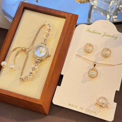 4-Piece Set Pearl Watch Chain Arabic Numeral Quartz Watch Large Pearl Necklace Diamond-Encrusted Ring And Earrings Jewelry Gift