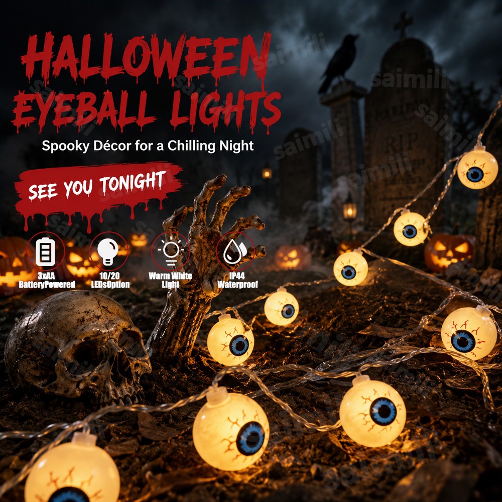 Glow Horror Eyeball Halloween String Lights Battery Powered Waterproof Atmosphere Lamp For Home Holiday Party Spooky Wall Decor