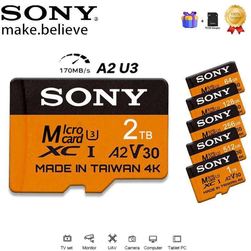 Cartão SD SONY de alta velocidade 2 TB V30 A2 4K 512 GB 256 GB 128 GB Cartão de memória Adaptador Micro TF SD de 1 TB para uso cruzado em smartphone/tablet/PC