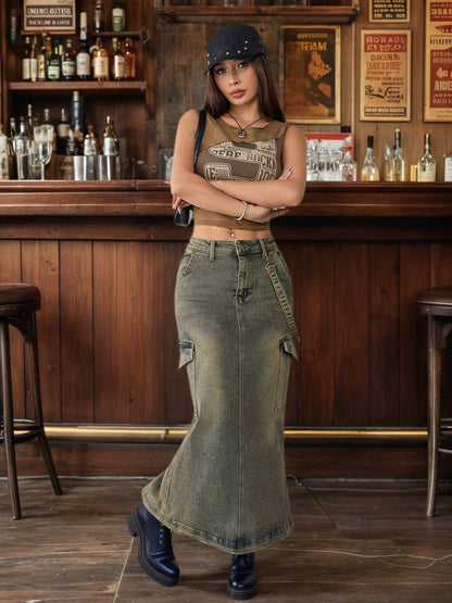 Modern Office Style Women's Denim Maxi Skirt High Waist Long Jean Pants Minimalist Workwear Fashion Clothing