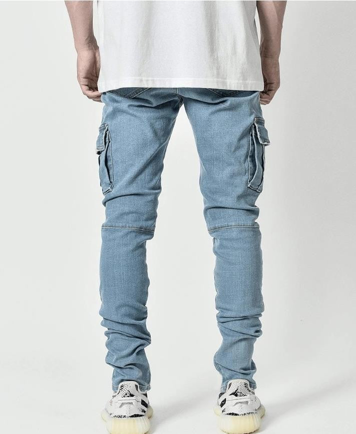 new Jeans Men Pants Wash Solid Color Multi Pockets Denim Mid Waist Cargo Jeans Plus Size Fahsion Casual Trousers Male Daily Wear