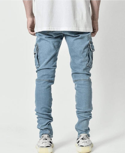 new Jeans Men Pants Wash Solid Color Multi Pockets Denim Mid Waist Cargo Jeans Plus Size Fahsion Casual Trousers Male Daily Wear