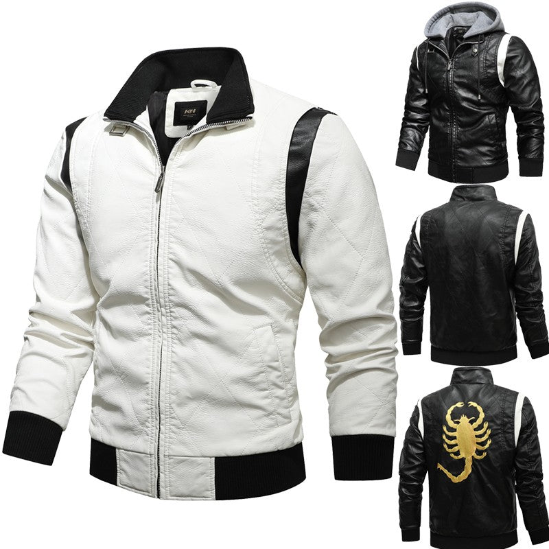 Men's Leather Bomber Jacket Windproof and rainproof Scorpion Embroidery Hooded Jacket PU Leather Winter, Drive