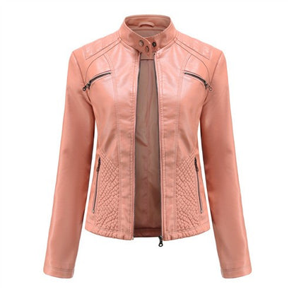 2025 Autumn Women's Black Moto Biker Zipper Jacket, Red Apricot Coffee PU Coat, Light Purple Outerwear.