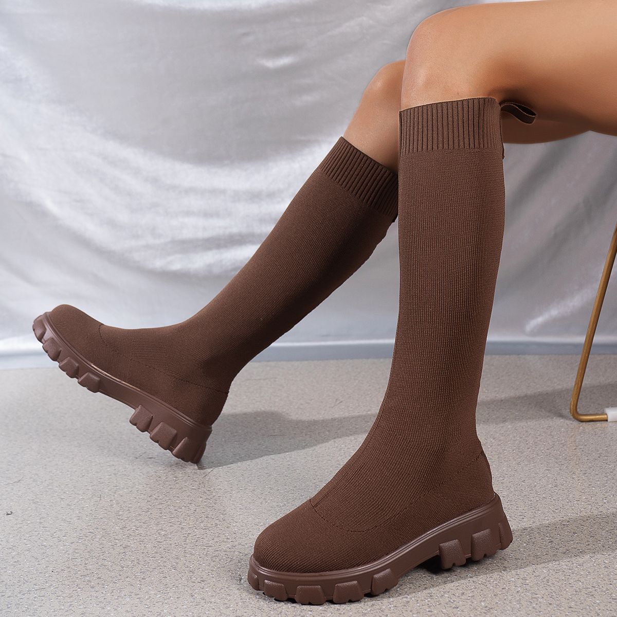 Woman Sock Boots Heels Over The Knee Botas Feminina Woman Long Elastic Botines autumn Winter New Brand Knitting Plush