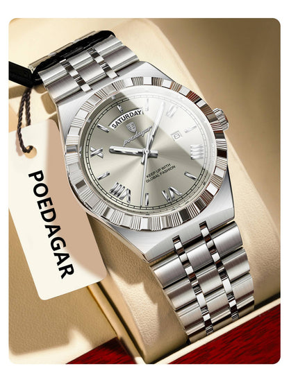 POEDAGAR Luxury Business Man Watch Week Date Waterproof Luminous Watches For Men Stainless Steel Quartz Fashion Men's Wristwatch