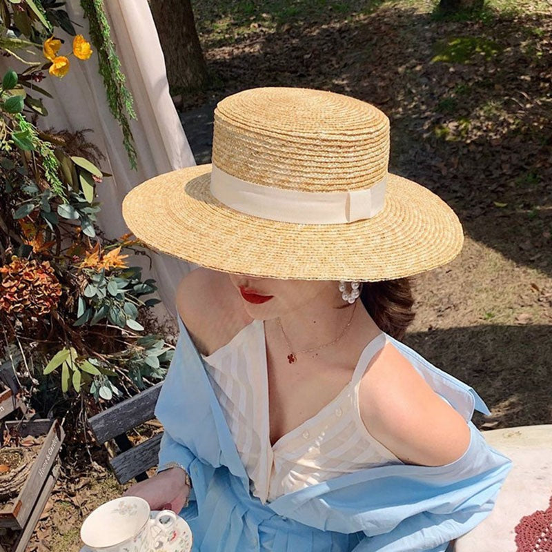 Chapéu de sol feminino de verão com aba larga, Fedora, palha de trigo natural, chapéu de praia, chapéu de sol feminino de ráfia, Panamá Jazz