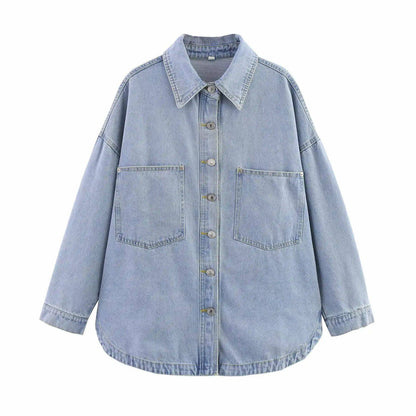 Summer New Style Simple Retro Loose Casual Denim Shirt Jacket Women's Button up Shirt Full Sleeve Regular Fit Blend Fabric