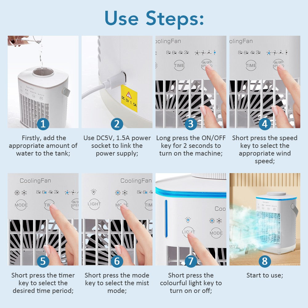 Mini climatizador portátil de 4 velocidades para mesa com temporizador, ventilador de resfriamento, spray de água, USB, para escritório e casa