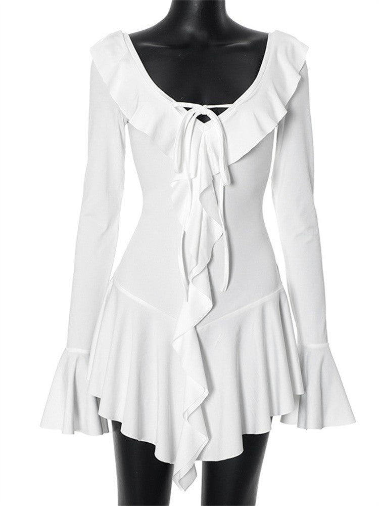 Ruffled Lace-Up White Mini Dress Women's V-Neck Patchwork Long Sleeve Sexy Slim