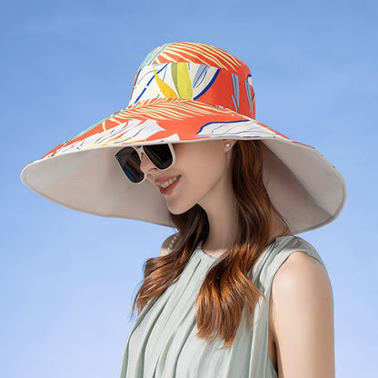 Chapéu Feminino de Verão Dupla Face com Aba Larga Proteção Solar Flor Praia Elegante Ao Ar Livre Protetor Solar Atacado Novo