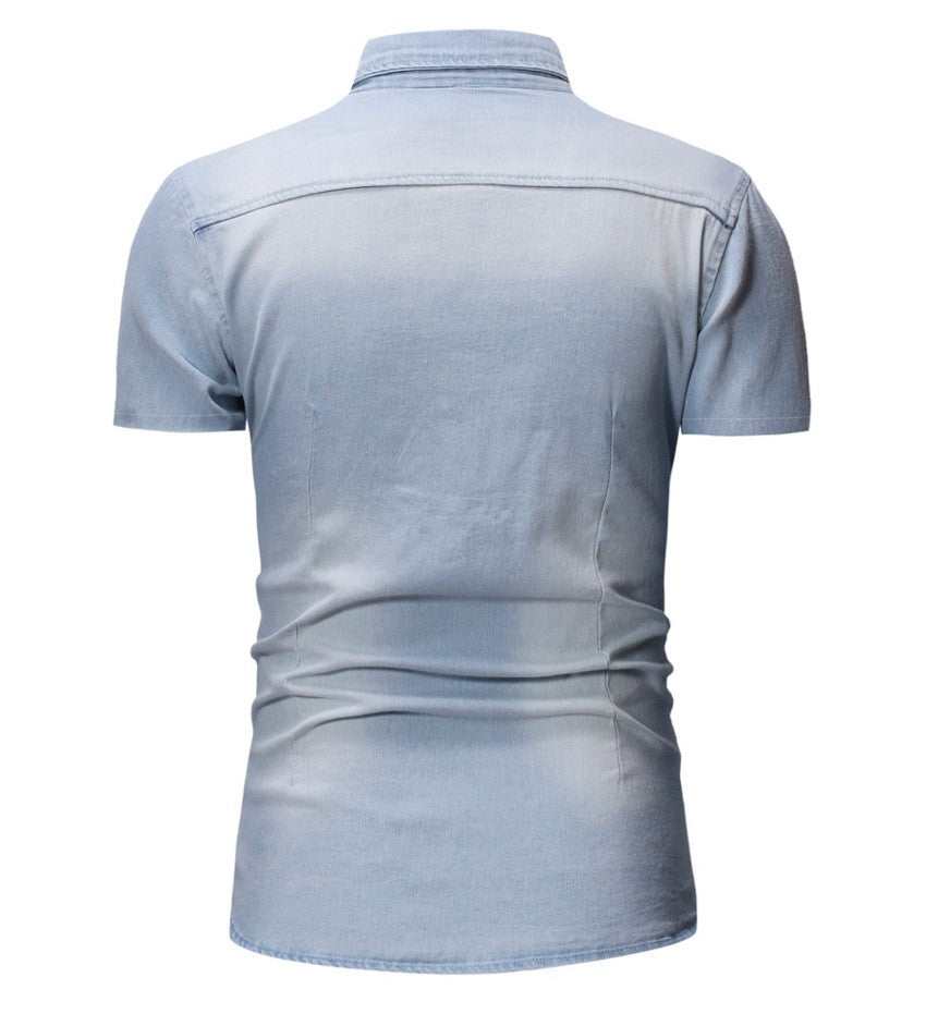 New Men's Fashion Short Sleeve Denim Shirt Soft Solid Color Slim Fit Cowboy Top for Men