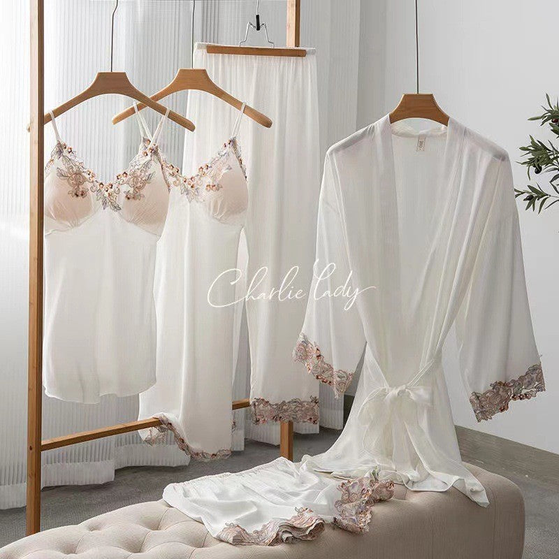 Women's Ice Silk Nightgown Set - Spring/Fall Long-Sleeve Robe Sexy Pure Desire Style with Padded Strapless Nightdress and Pants