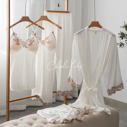 Women's Ice Silk Nightgown Set - Spring/Fall Long-Sleeve Robe Sexy Pure Desire Style with Padded Strapless Nightdress and Pants