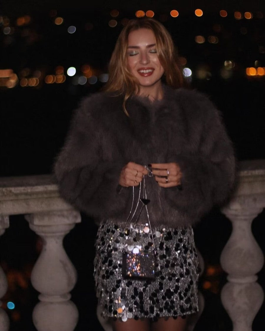 Faux fur jacket Traf   Fall/Winter New Fashion Women's Faux Fur Effect Round Neck Long Sleeve Short Jacket 2025