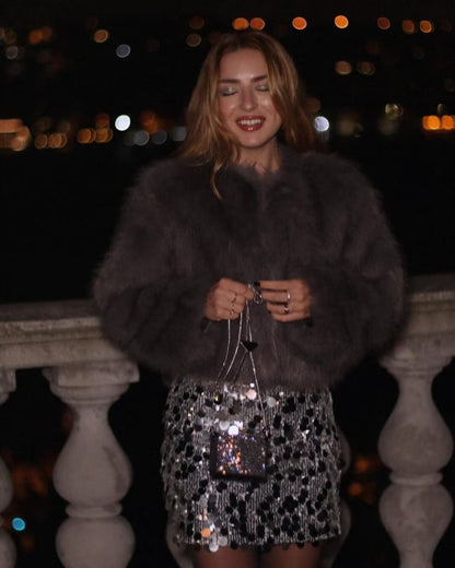 Faux fur jacket Traf   Fall/Winter New Fashion Women's Faux Fur Effect Round Neck Long Sleeve Short Jacket 2025