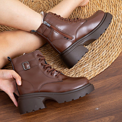 Brown Retro  Boots For Women British Style2025Autumn And Winter New Thick-Soled Height-Increasing Short Boots With