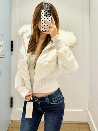Fashion Women's Cotton Jacket Fur Collar Zipper Slim Waist Pocket Warm Thicken Coat Autumn Winter Hooded Jacket Lady Outwears