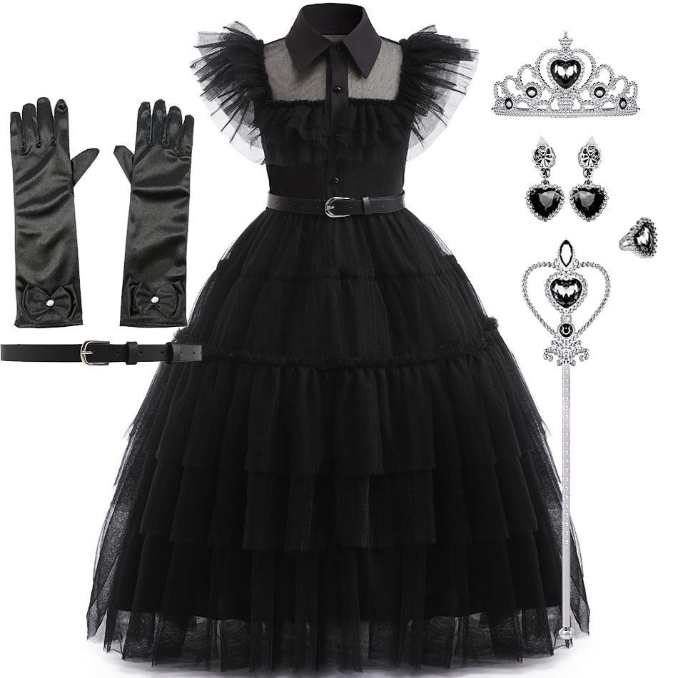 Girls Princess Dress Child Birthday Party Layered Disguise Kids Cosplay Halloween Fantasy Dark Gothic Dancing Costume 4-12Years