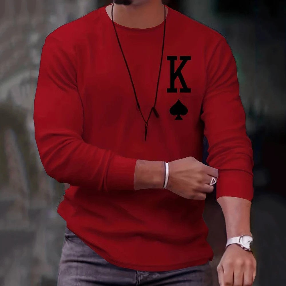 2024 New Arrival Fashion Men's Long Sleeve T-shirts Poker Printed Loose O-neck Tops Oversized Daily T Shirt For Men