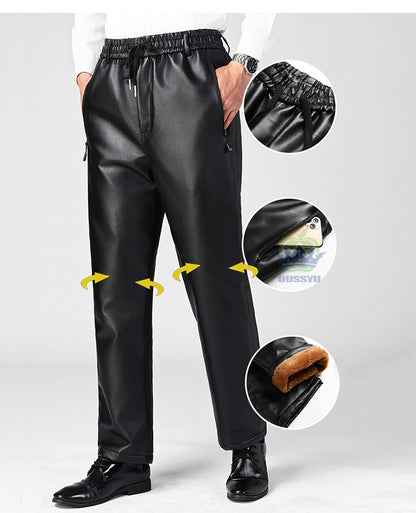 OUSSYU Brand High Quality Winter Outdoors Fleece Warm Pants Men Zippered Pocket Business Straight Flocking PU Trousers Plus Size
