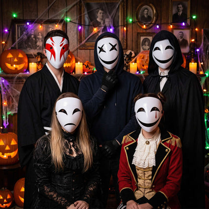 5 Pcs Creepy White Halloween Full Face Mask, Scary Smile / Sad / Cross Eye Print Mask for Adults Halloween Costume and Party