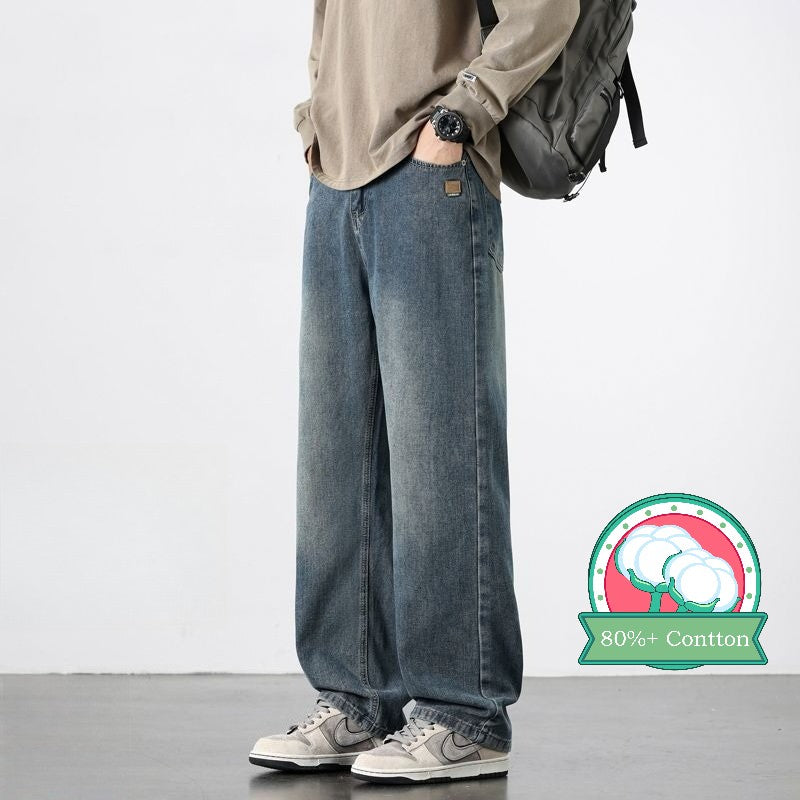 Calça Jeans Masculina Reta Vintage de Primavera Outono Calça Casual de Alta Qualidade Masculina Coreana Moderna Folgada de Perna Larga