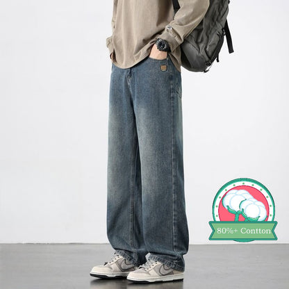 Calça Jeans Masculina Reta Vintage de Primavera Outono Calça Casual de Alta Qualidade Masculina Coreana Moderna Folgada de Perna Larga