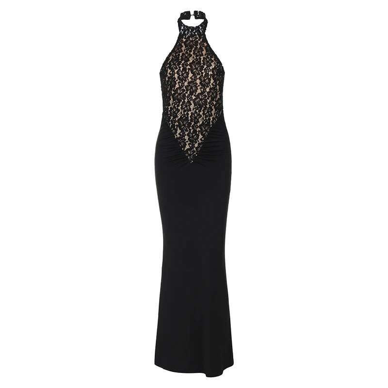 Mozision Lace Halter Backless Sexy Maxi Dress For Women Black Off-shoulder Strap