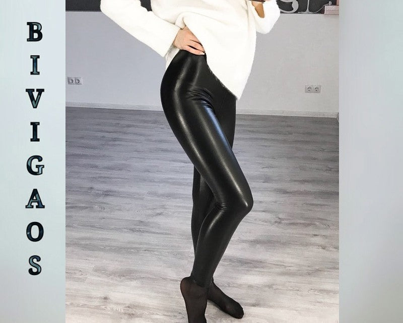 BIVIGAOS Fashion Women PU Leather Pants Elastic High Waist Winter Leggings Slim Velvet Leather Leggings Skinny Fleece Trousers