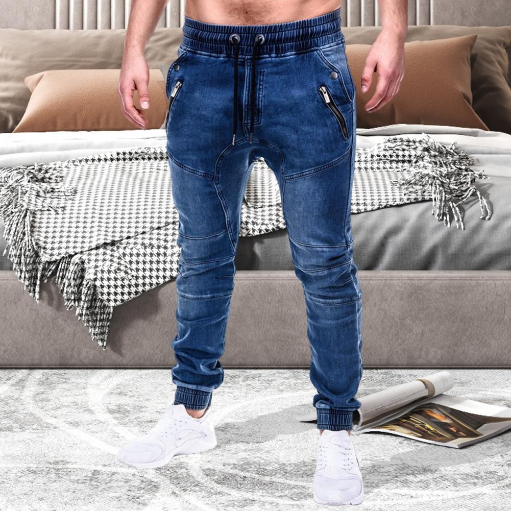 Men Jeans Slim Male All Match Ankle Tied Lace-up Denim Pants   Denim Pants  for Work