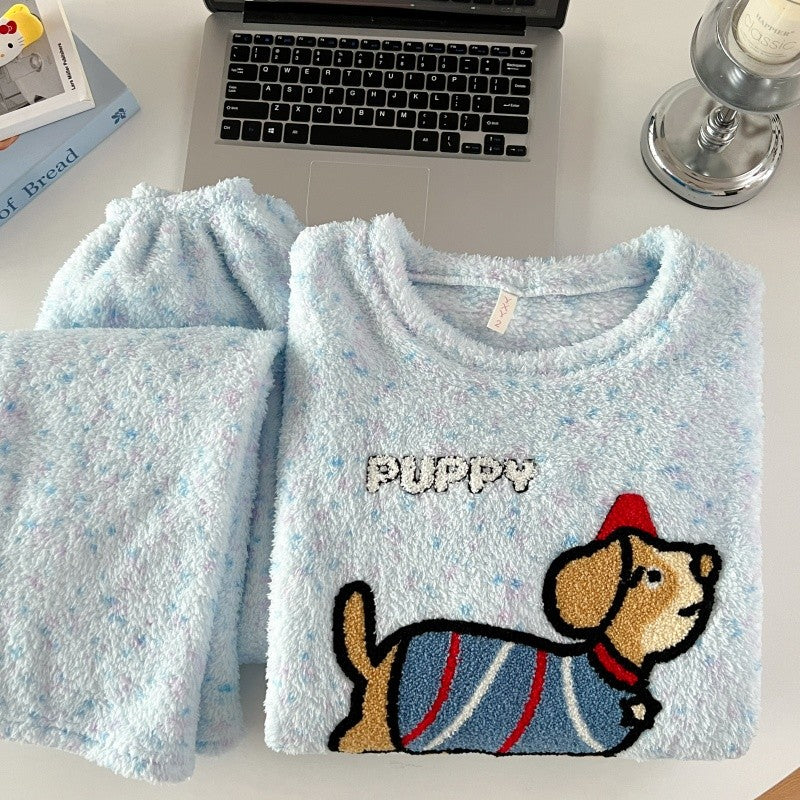 2pcs/Set Pajamas Korean Cute Dog Thickened Warm Fall And Winter Women's Pajamas Long-Sleeved Long Pants Set Sweet New Sleepwear