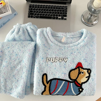 2pcs/Set Pajamas Korean Cute Dog Thickened Warm Fall And Winter Women's Pajamas Long-Sleeved Long Pants Set Sweet New Sleepwear