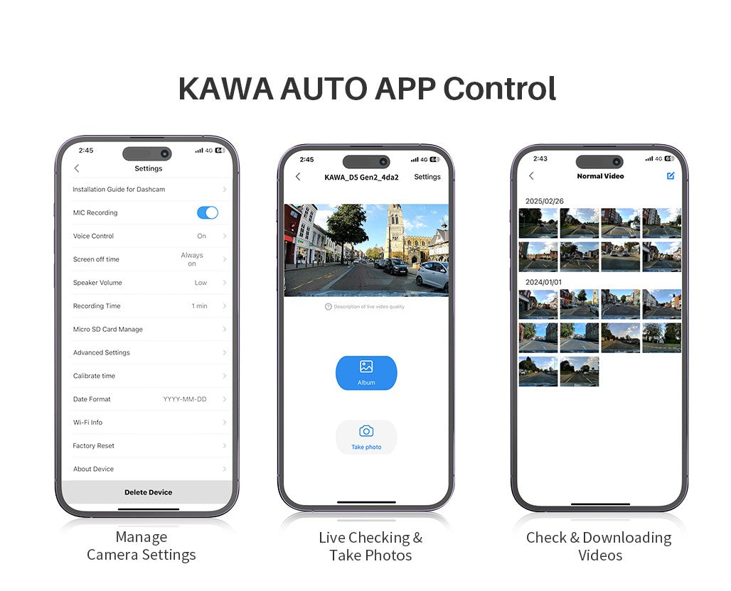 Câmera de painel KAWA D7 4K dianteira e traseira, gravador de vídeo 4K WiFi6, câmera automotiva, mini câmera traseira DVR para veículos, Dashcam com controle por APP/Voz