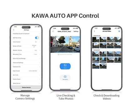Câmera de painel KAWA D7 4K dianteira e traseira, gravador de vídeo 4K WiFi6, câmera automotiva, mini câmera traseira DVR para veículos, Dashcam com controle por APP/Voz
