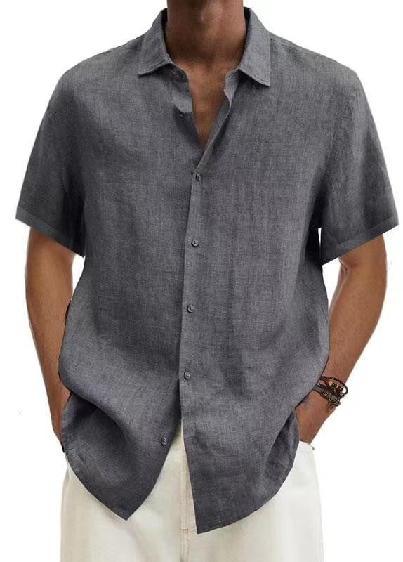 Basic Summer Men's Shirt Cotton Linen Short-sleeved Button Lapel Simple Top Casual Office Blouses for Male
