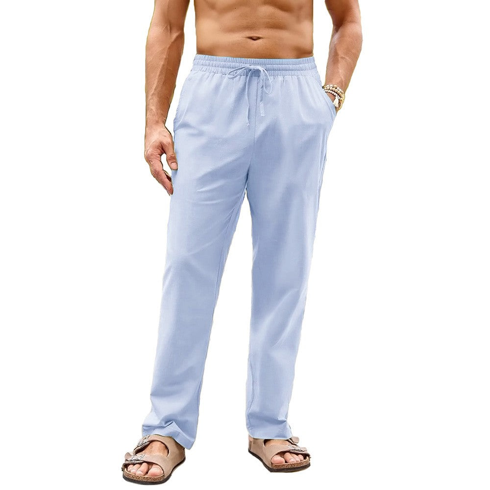 Calça Masculina de Algodão e Linho Pernas Retas Estilo Praia Leve Respirável Casual Com Cordão e Cintura Elástica