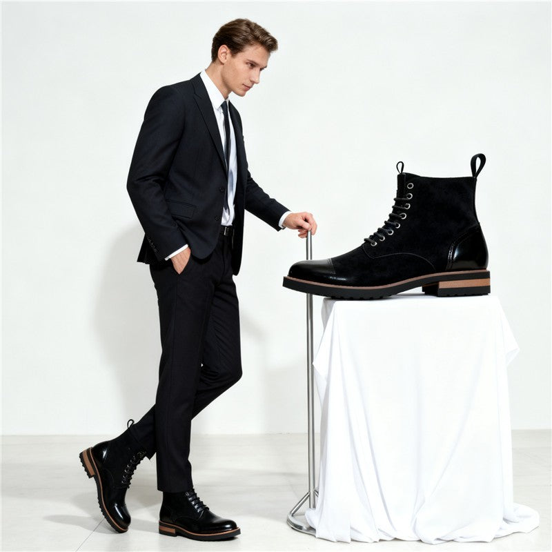 Men's Leather Lace - up Ankle Boots Retro Color - Block Formal Casual Boots Comfortable Non - slip Dress Boots For Daily Wear