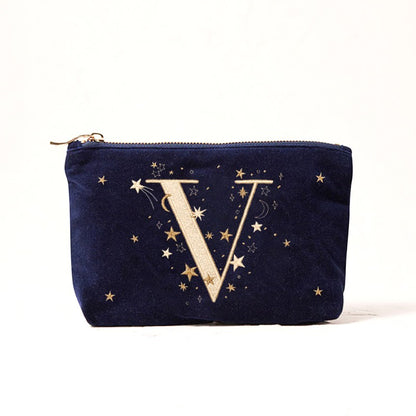 Alphabet Print Velvet Clutch Makeup Bag - Fashionable Cosmetic Pouch with Glittering Star Motif
