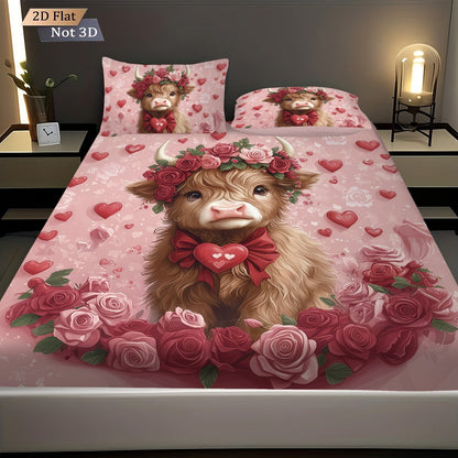 3pcs Valentine's Day Romantic Highland Cow Print coreless Bed Sheet Set Multiple Sizes Bed Cover Bedroom Bedding Decoration