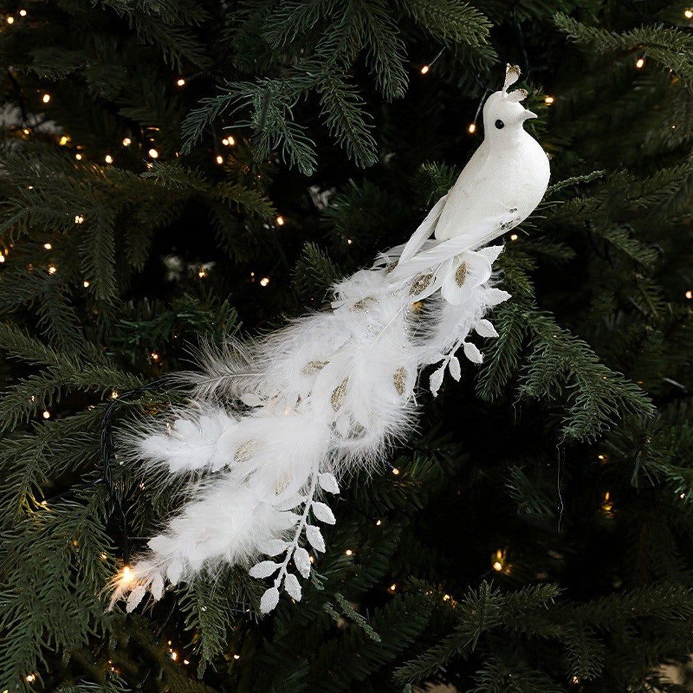 Long Tail Christmas Peacock Ornaments Realistic Glimmering Feather Peacock Bird Figurine Handmade with Clip Christmas Tree Decor