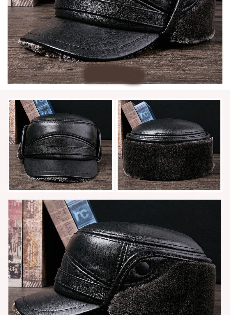 Men's Genuine Leather Duckbill Hat Winter Thickened Warm Outdoor Earflap Cotton Cap Elderly Real Leather Hat Cowhide Warm