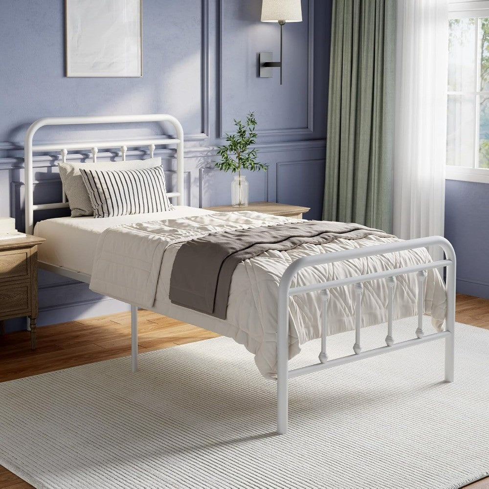 Estrutura de Cama de Metal Tamanho Solteiro – Estilo Vitoriano Moderno Minimalista com Cabeceira/Peseira, Estrados de Aço Resistentes/Embaixo da Cama