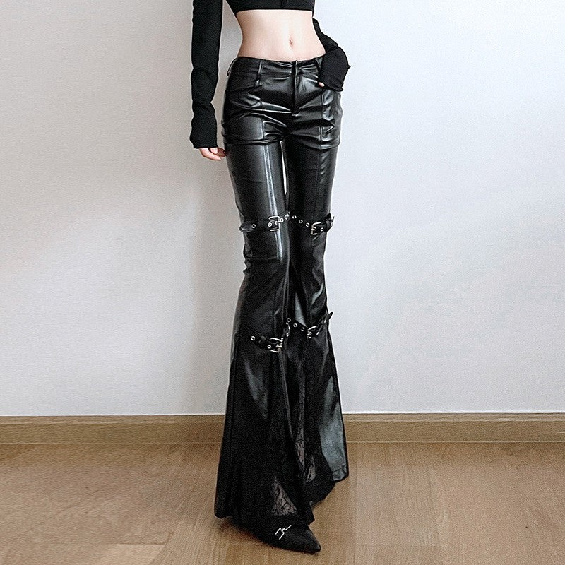 PU Leather Flare Pant Goth Buckle Lace Patchwork Pants Women Fashion Y2K Streetwear Vintage Aesthetics Casual Pants Trousers