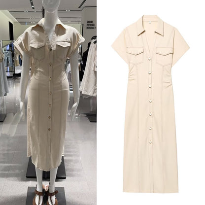 ETJ 2025 summer new TRAF women's elegant fashion waist pleated V-neck short-slee