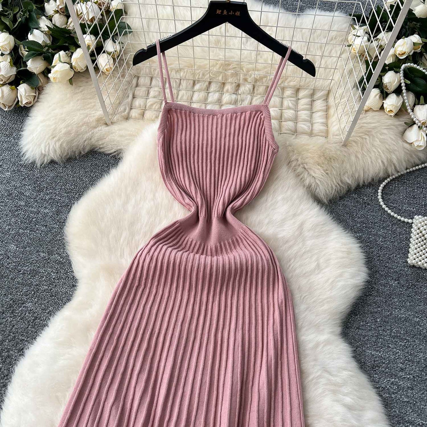 Knitted Pleated Long Dress High Waist Midi Sling Dress Elegant Sleeveless Yellow